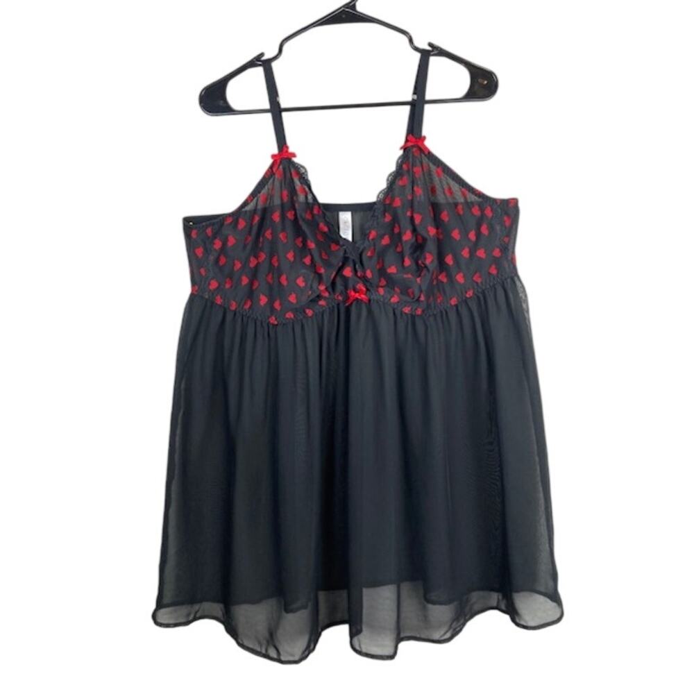 Cacique-Black W/Red Hearts Plus Sz 22/24 Adj. Straps Sheer Chemise